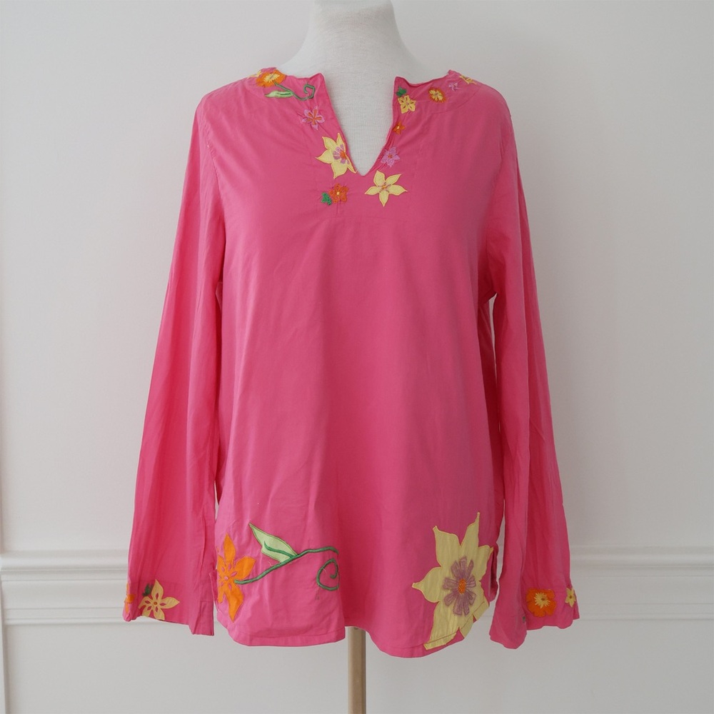Michael Simon New York Pink Long Sleeve Top Embroidered Flowers Size Large